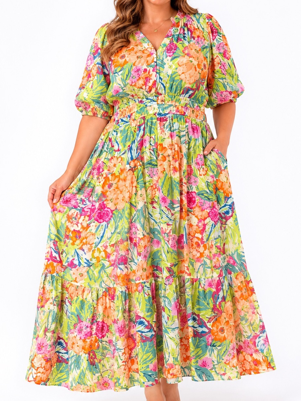 Oddi Floral Maxi Dress 1X Plus Size Tropical Puff Sleeve